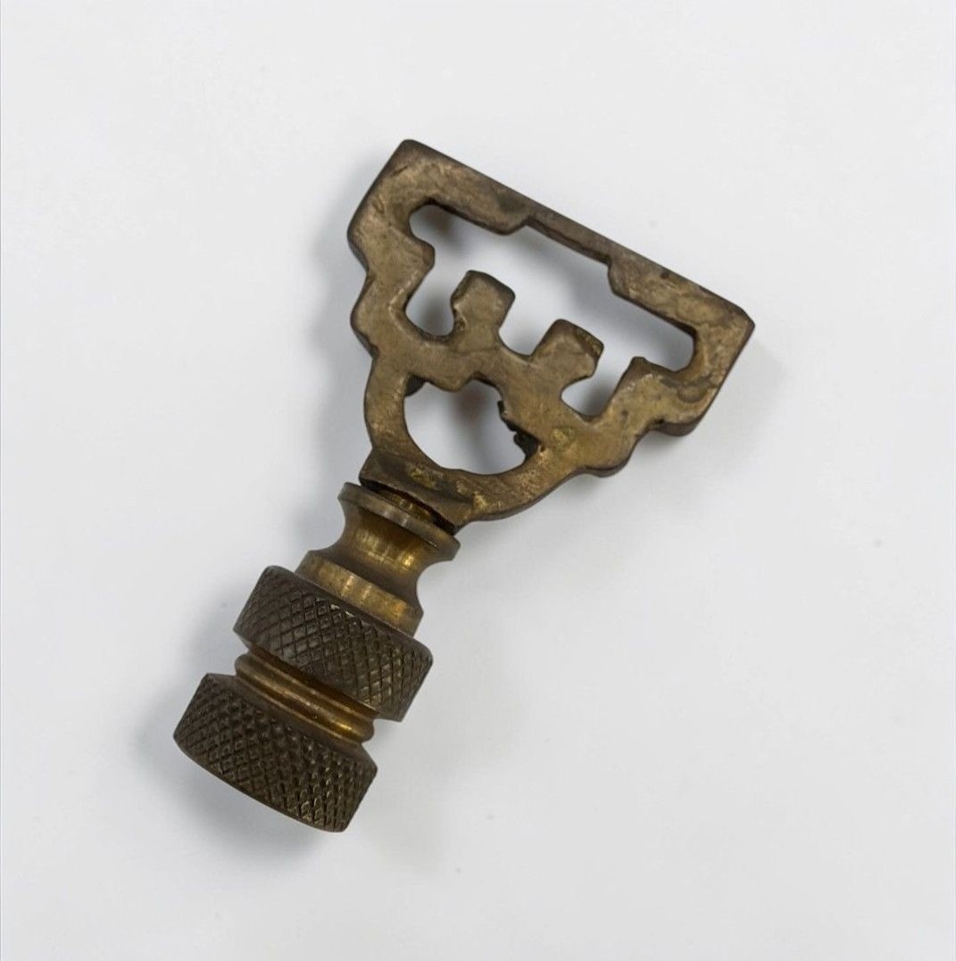 Vintage Solid Brass Lamp Finial Ornate Asian Symbol Design 2 Inch Mid Century