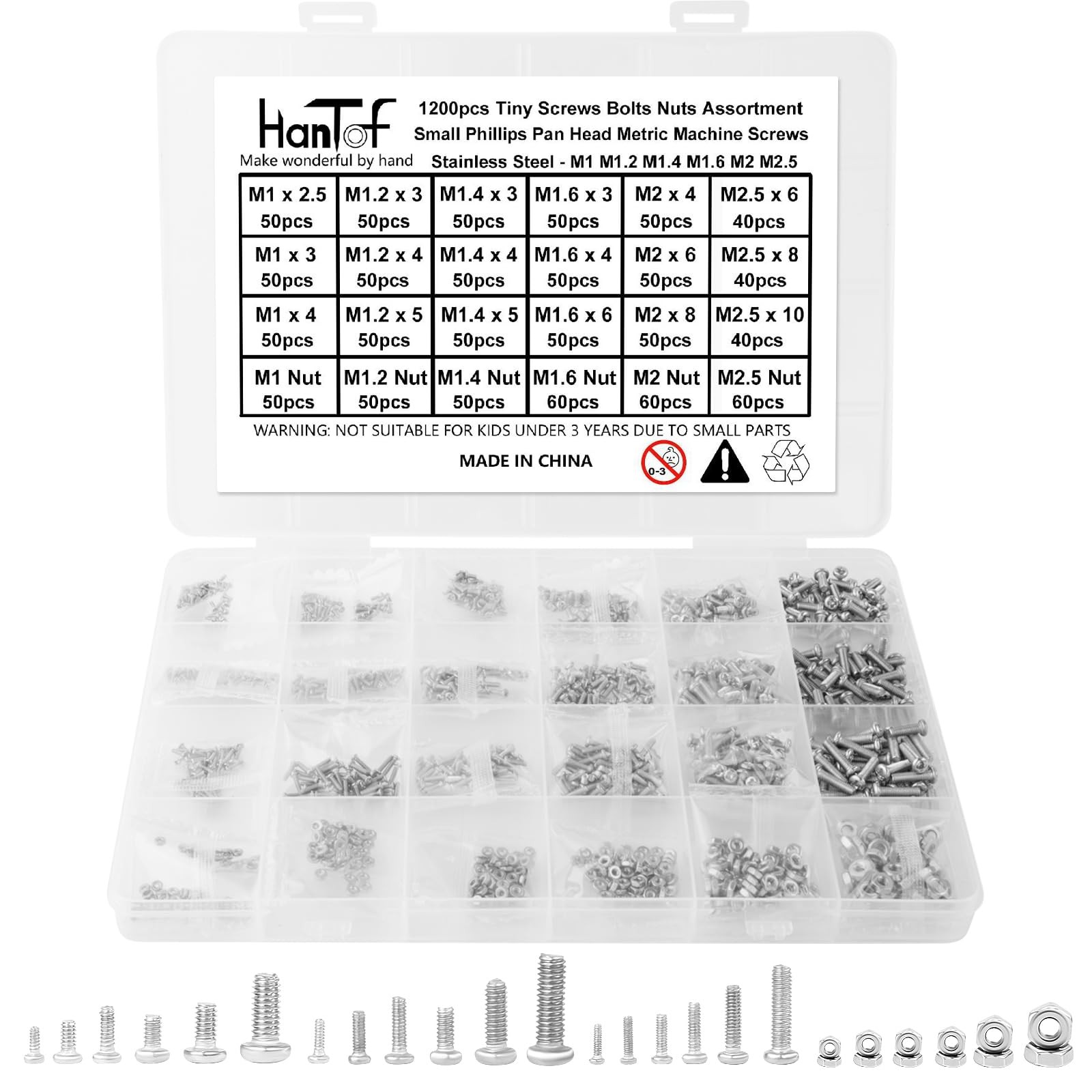 1200pcs Metric Micro Screws Nuts Assortment Kit M1-M2.5 304 Stainless Steel