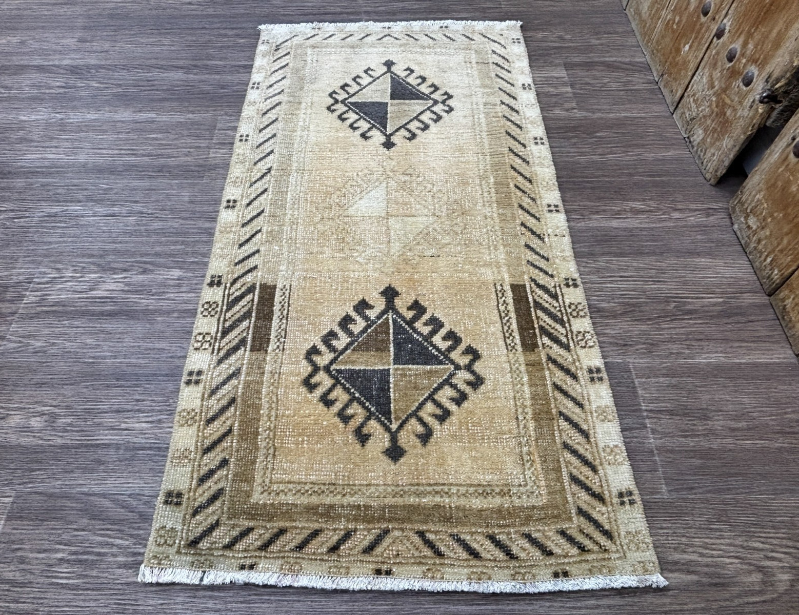 2x4 Hand-Knotted Wool Beige Neutral Medallion Vintage Turkish Small Area Rug