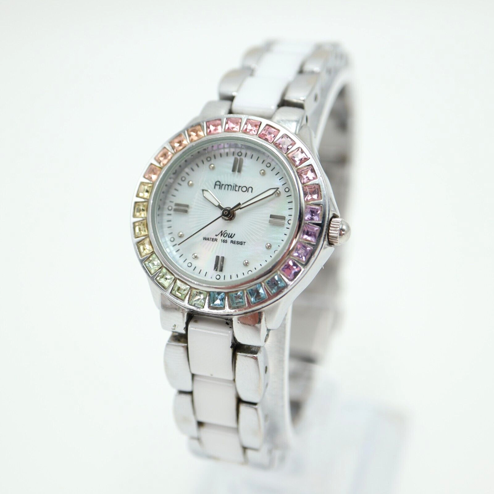 Armitron Now Watch Women 27mm MOP Silver Tone Rainbow Pave Bling w New Battery