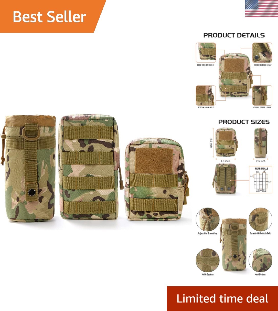 3 Pack Molle Pouch Combo Water Bottle Pouch Holder Tactical Molle Pouches Com...
