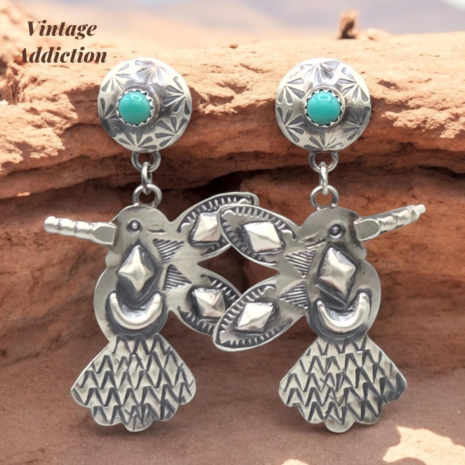 Gabriele Yazzie Navajo Sterling Kingman Turquoise Hummingbird Dangle Earrings 