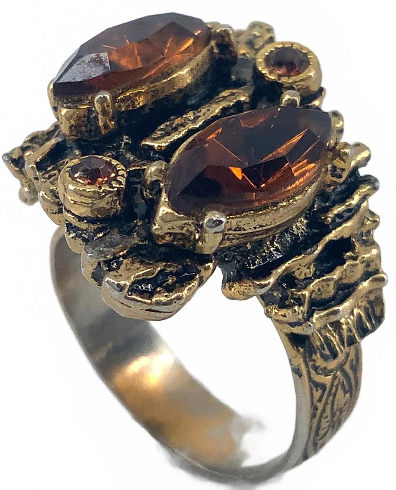 Vintage Brutalist Amber Glass Gold Tone Brutalist Marquise Cocktail Ring Size 6