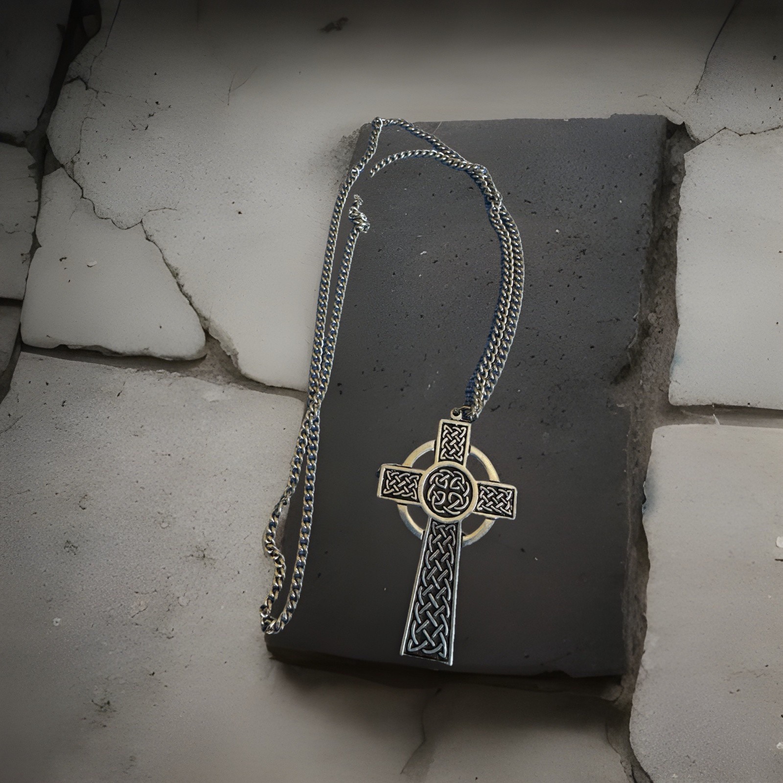 Vintage St. Justin Celtic Cross Pendant Necklace Silver Tone Pewter Knot Work