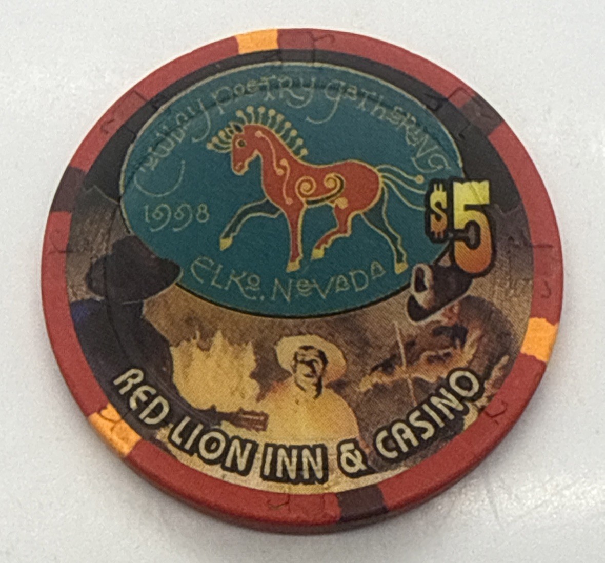 Red Lion Inn & Casino $5 H&C Chip - Elko Nevada - Cowboy Poetry Gathering - 1998