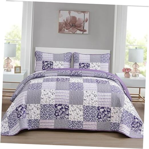  Quilt Set Size, 2 Pieces Plaid Floral Bedspread Set Patchwork Twin Purple
