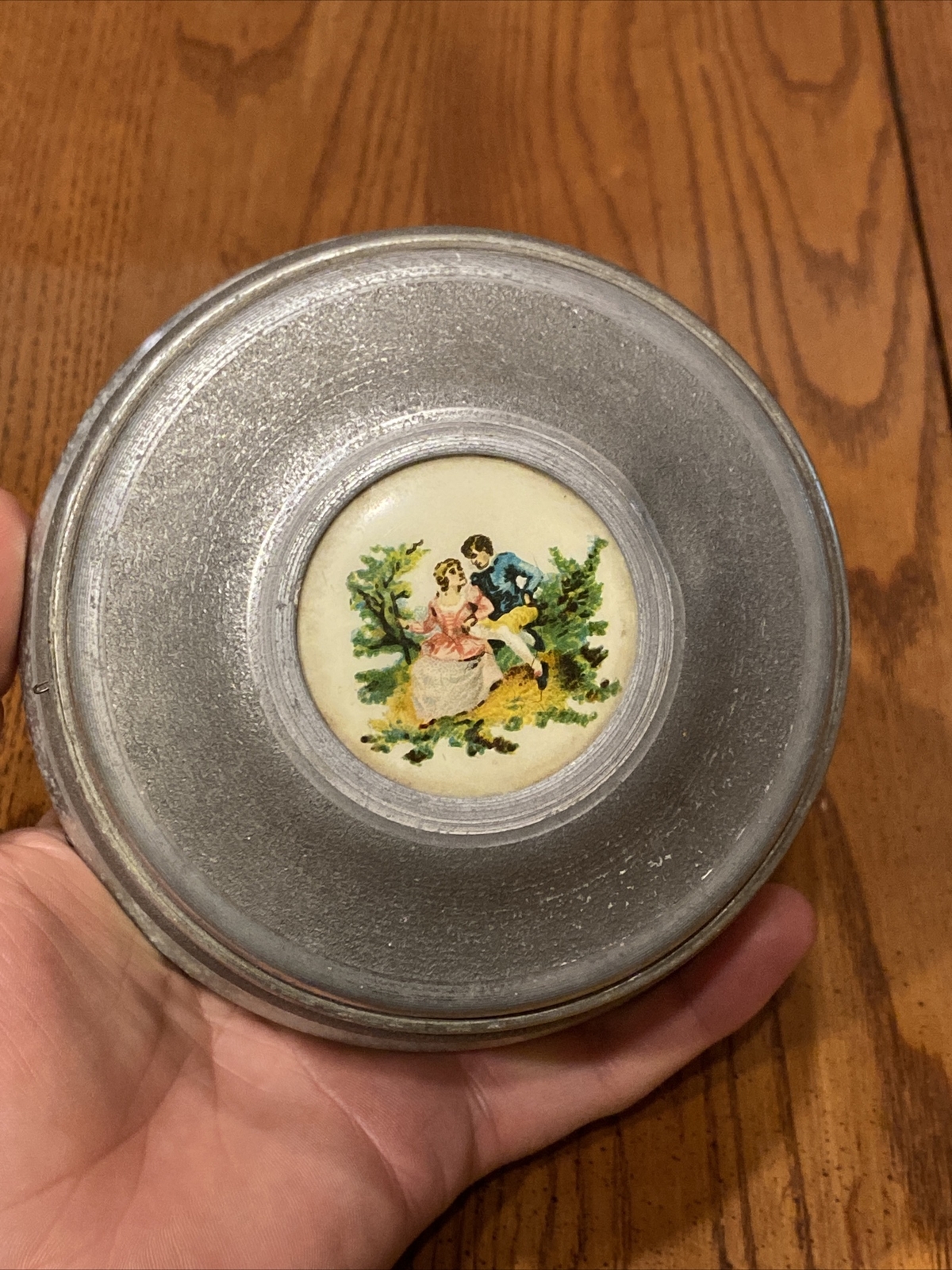 OVER THE BLUE WAVES J&M Cameo Vanity Powder Wind Up Music Box Wood Bottom Works!