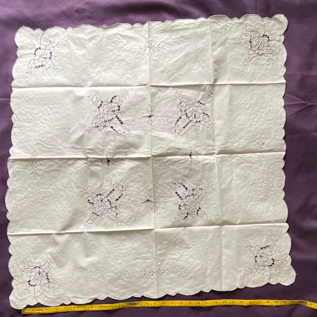 Vintage Handmade  table cloth  - 83 cm square - grey embroidered flowers