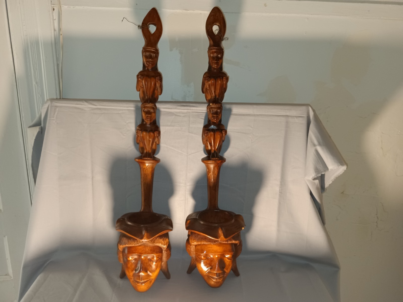 Vintage 2 Philippine Igorot Carved Head Ceremonial Water Offering Dipper Ladles