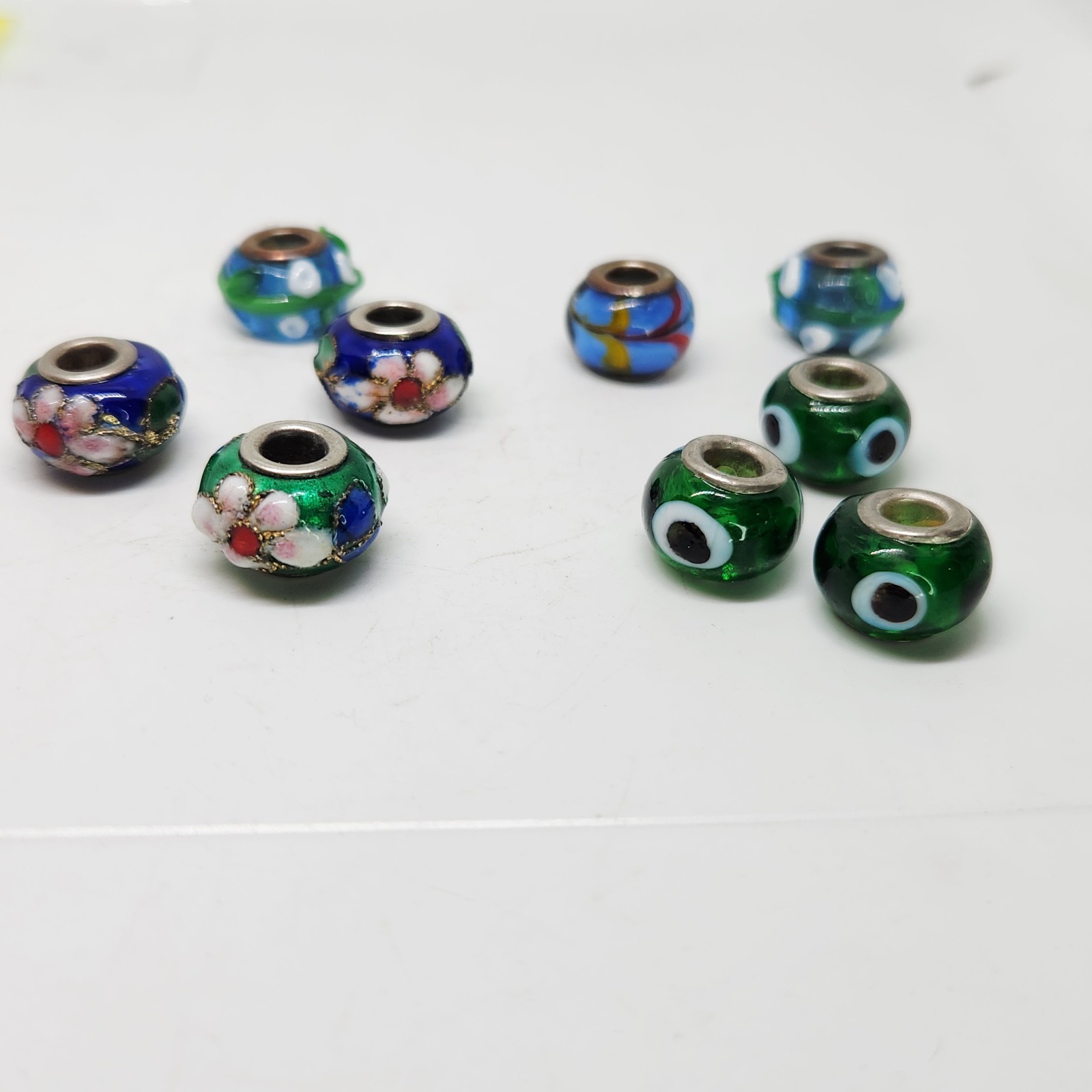 UNBRANDED Vtg Silver Tone Hand Blown Lilly & Cloisonne Glass Bead Charms Lot 9 