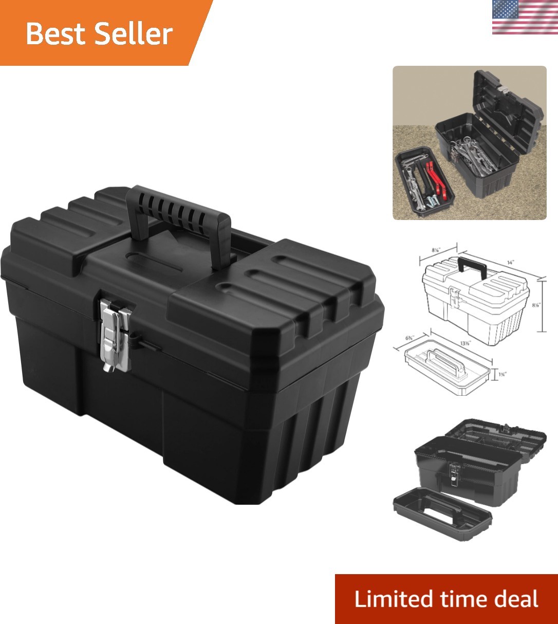 Compact 14-Inch Toolbox with Comfortable Handle & Removable Tray - Made in USA