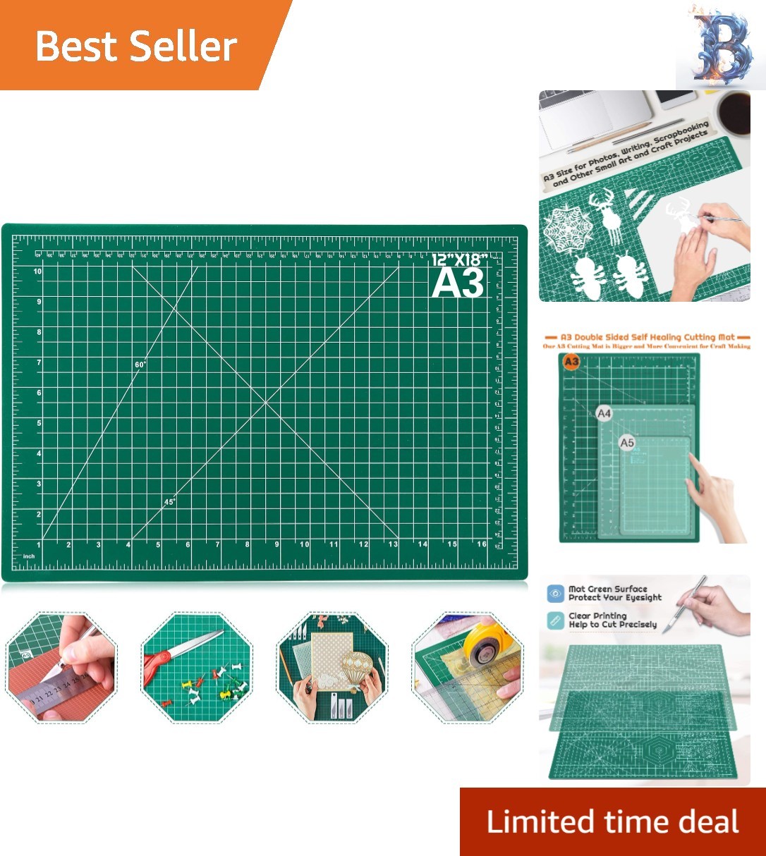 Durable 5-Ply Self-Healing Rotary Cutting Mat, 12in x 18in for Creative Projects
