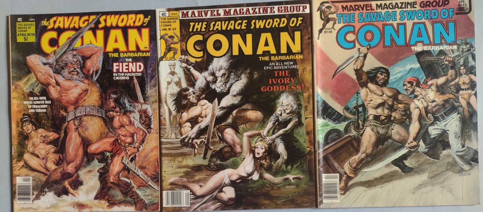 Marvel Savage Sword of Conan #28 #60 & #75 all Earl Norem Covers