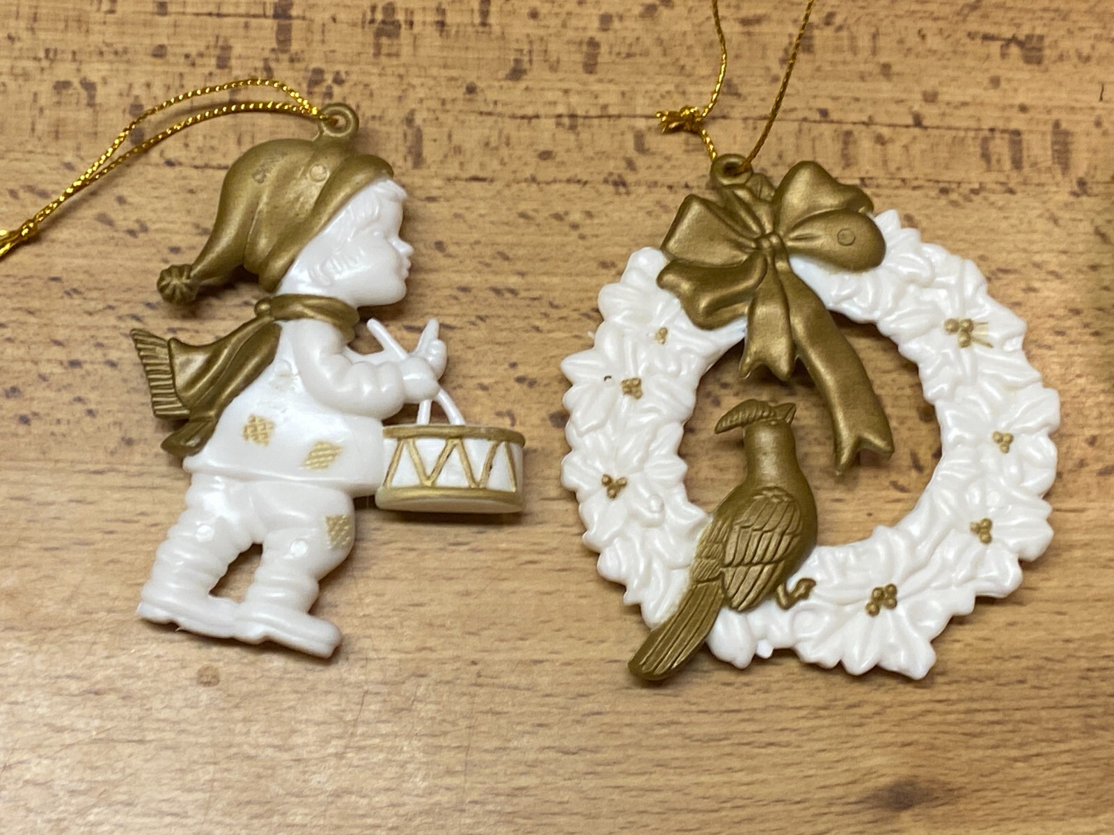 2 Acrylic White Gold Little Drummer Boy & Wreath Christmas Ornaments 3"
