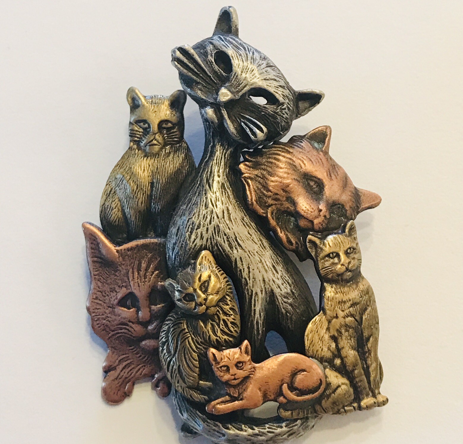 Cat Menagerie Brooch Pin Mixed Metal Tones Silver Gold Copper Figural 3D 1.5”x2”