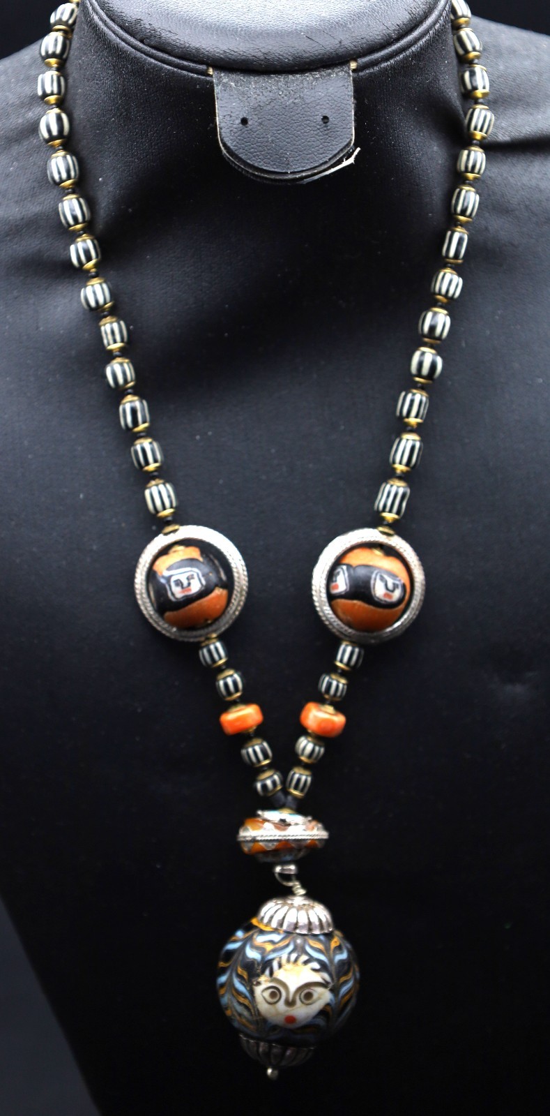 Genuine Ancient Roman Mosaic face Gabri Glass and Amber beads necklace(EE17)