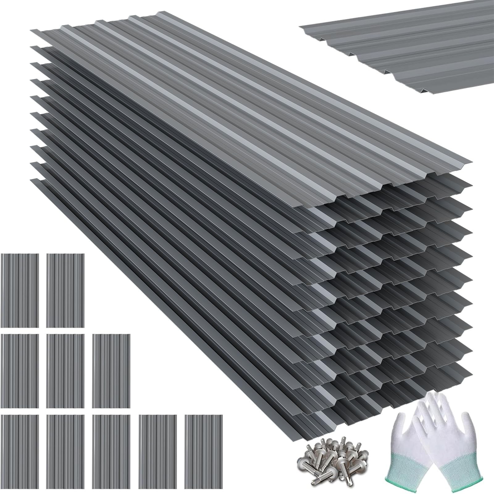 10 PCS Metal Roof Panels, 5.05 FT Corrugated Roofing Panels, 17.91"×60.6" Met...