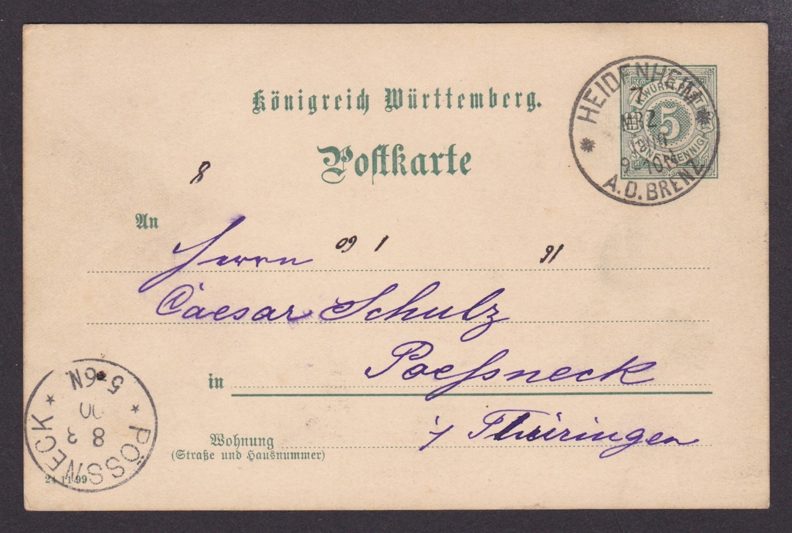 GERMANY Württemberg 1900, Pre-stamped postcard Heidenheim to Possneck