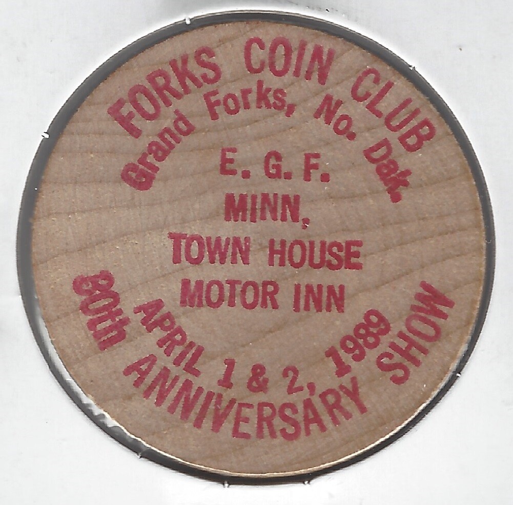 1989, (Grand) FORKS COIN CLUB, North Dakota, Minnesota, RED, Wooden Nickel