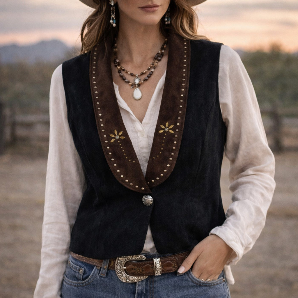 Green Field USA Vintage Faux Velvet Vest XL Brown Western Boho Rodeo Retro