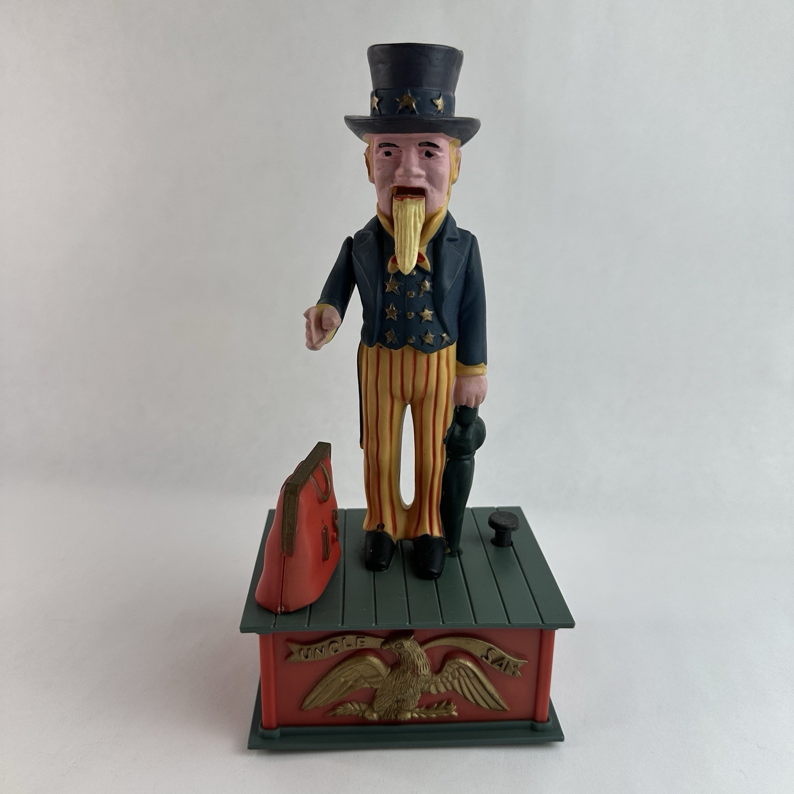 Vintage UNCLE SAM Mechanical Eagle plastic Bank Hong Kong Antique Toy Working