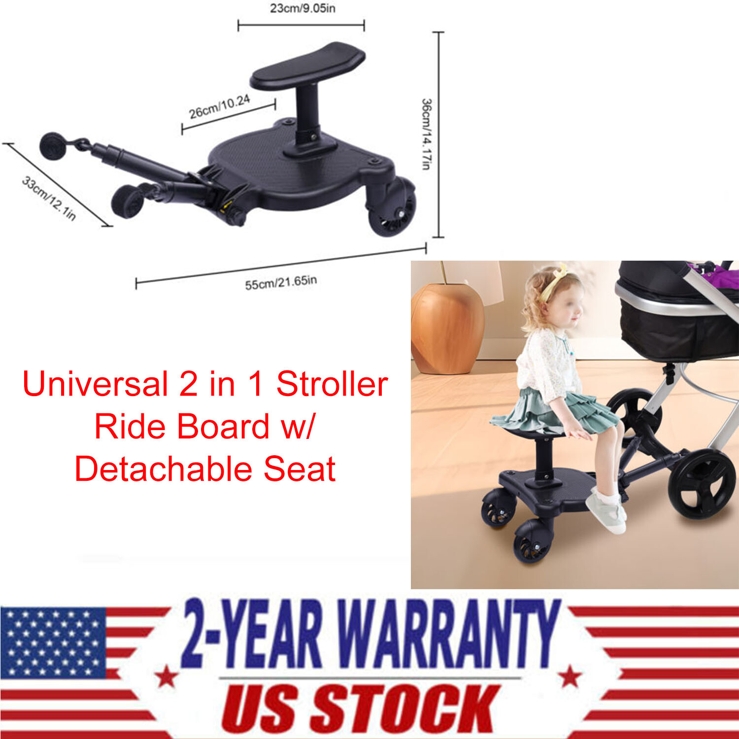 Universal 2 in 1 Stroller Ride Board w/ Detachable Seat, Stroller Glider board