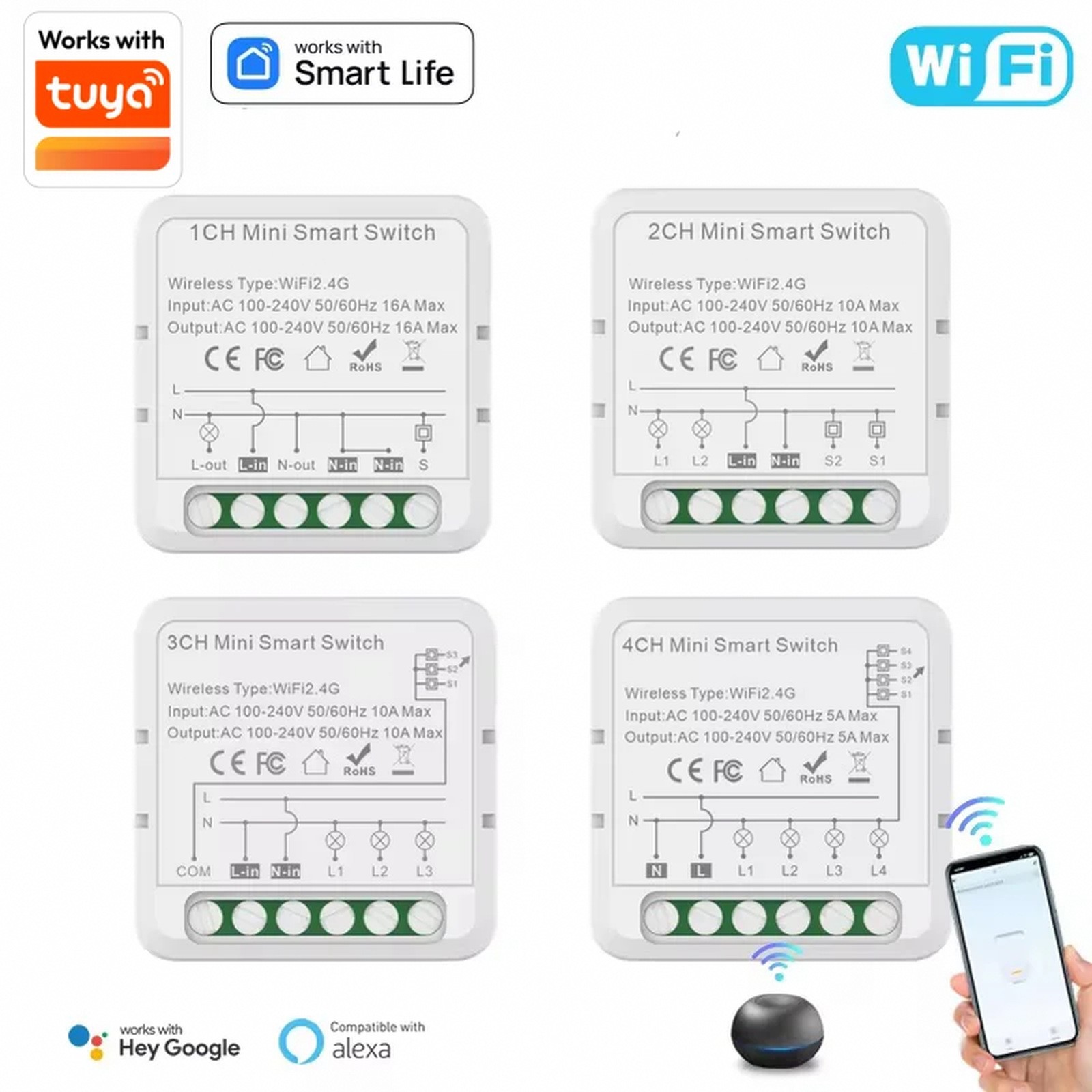 Tuya WIFI Smart Switch Module Smart Life 1 2 3 4 Gang 2 Way Control Switch