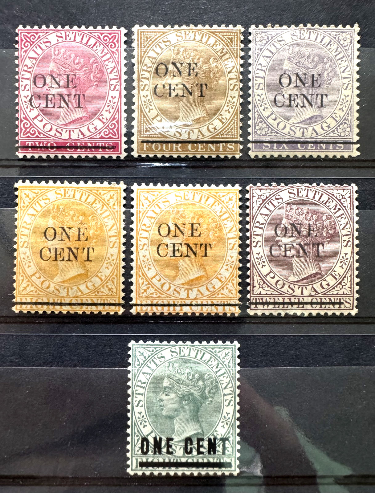 MALAYA Straits Settlements 1882-91 QV ONE CENT opt 7V Mint SG#88-93 M6506