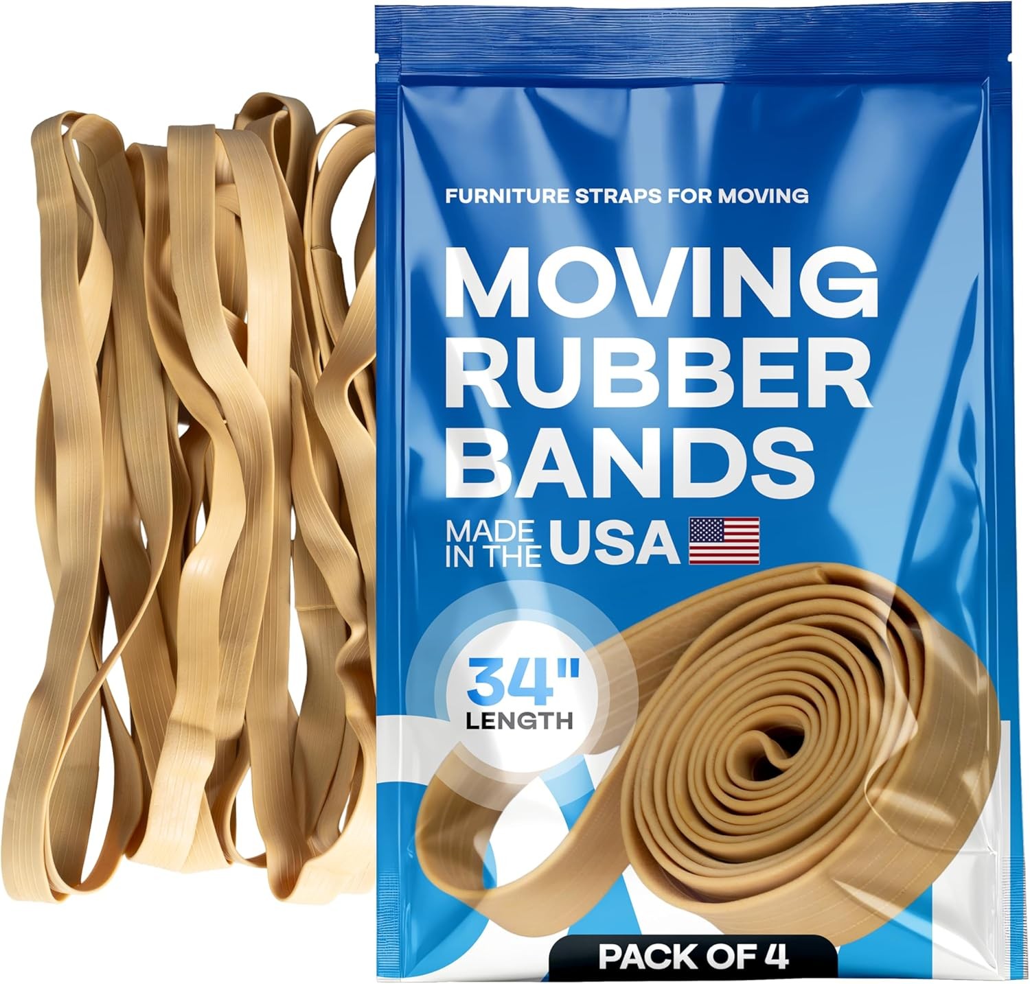IDL Packaging 34" Strong, Elastic & Flexible Rubber Bands, Pack of 4, Beige - 2X