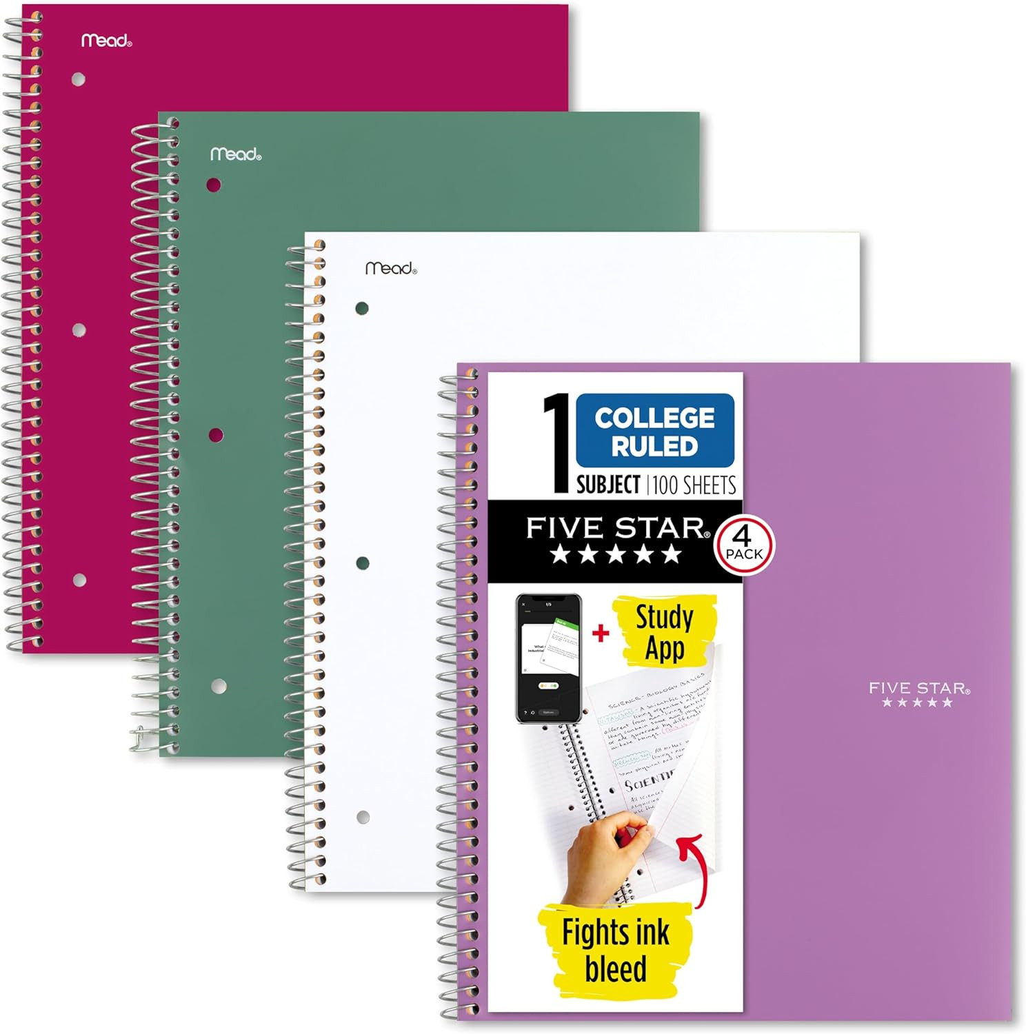 Five Star Spiral Notebook + Study App, 100 Sheets, 1 Subject, College Ruled Pape