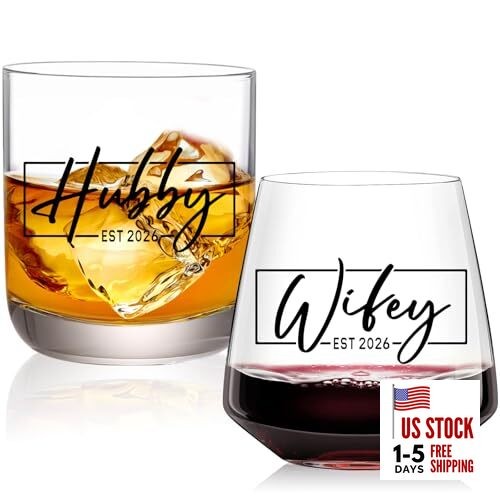 Wedding Gifts for Couples 2026,Wine&Whiskey Glass Set,Bridal Hubby & Wifey
