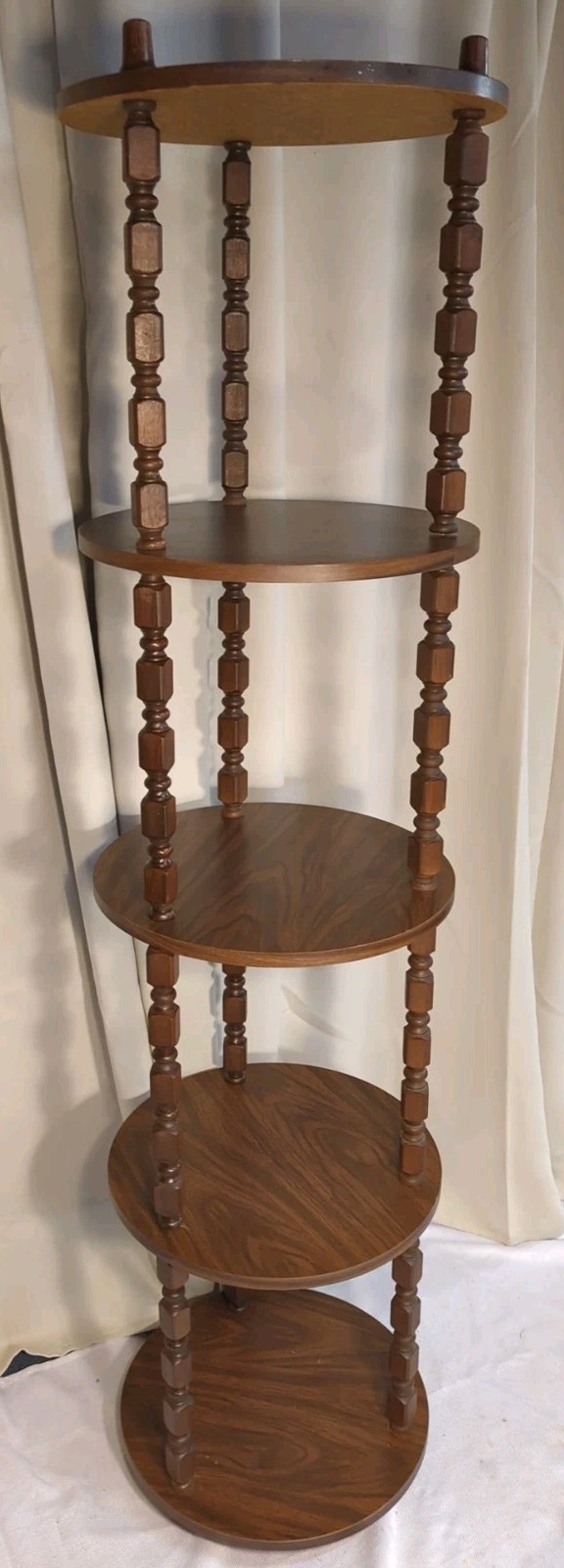 Vtg Tall 5 Tier Wood Round Shelf Mid Century Mod BOHO Spindle plant stand 63"
