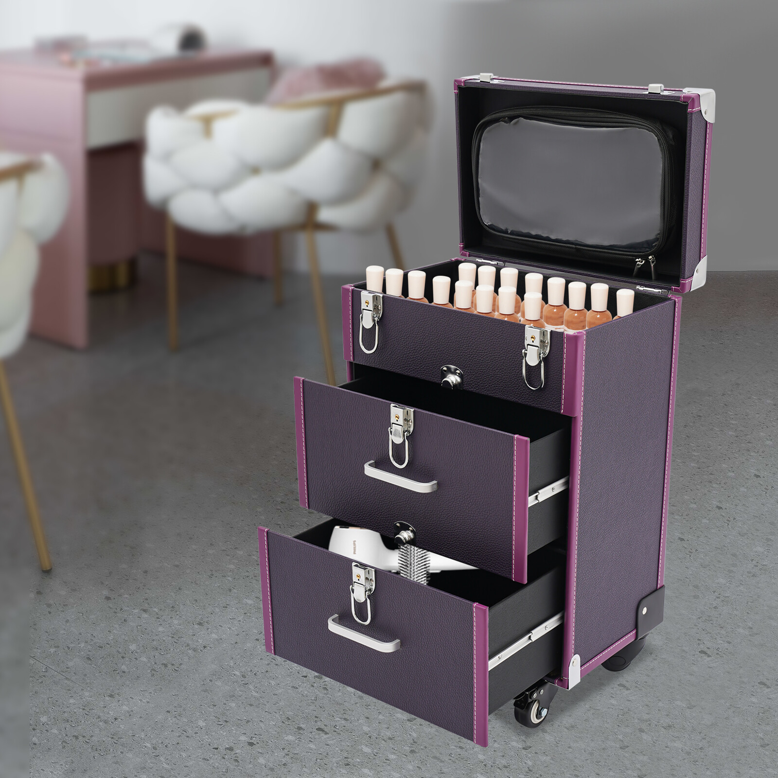 3 Layers Rolling Makeup Cases Makeup Trolley Lockable Salon Cosmetic Organizer