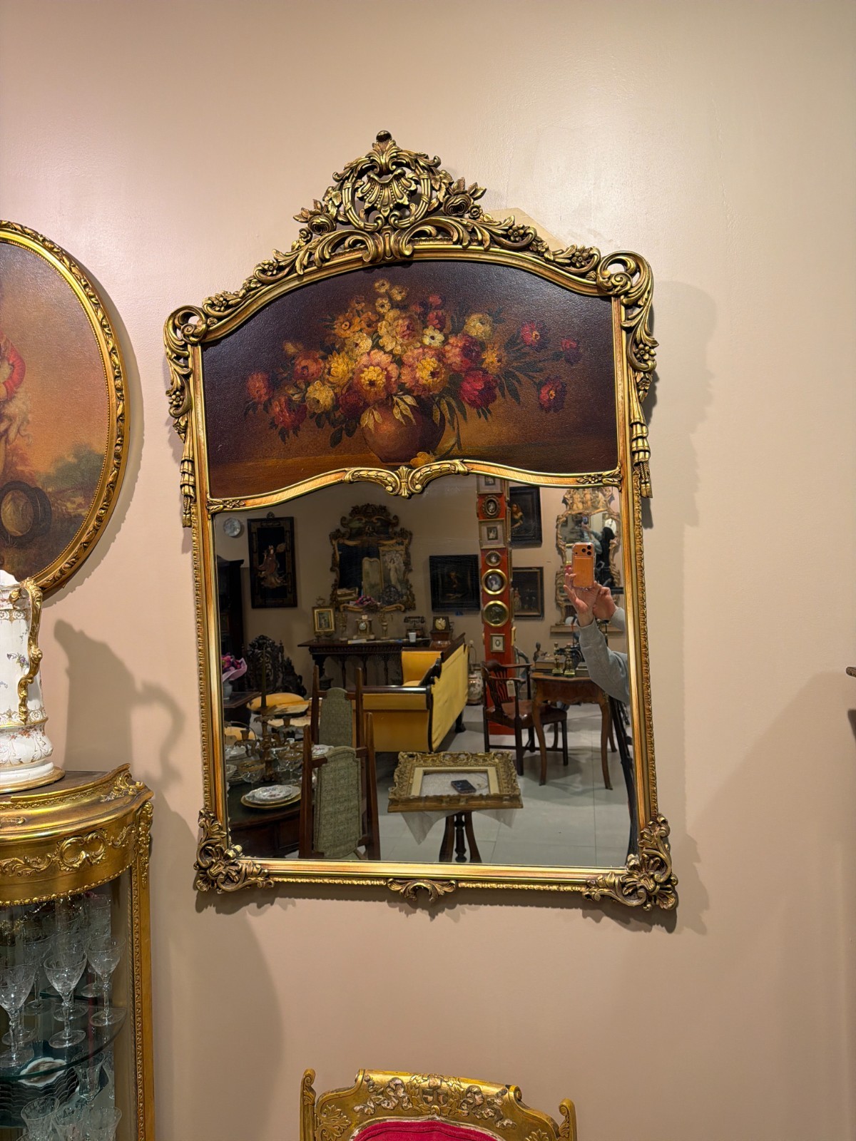 Antique French Rococo Style Gilt Floral Trumeau Mirror with Hand Painted Mirror