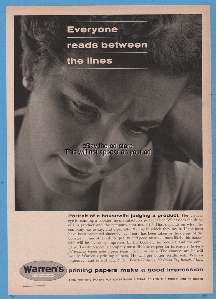 1960 SD Warren Company Boston MD Potrait of a housewife judging a product ad