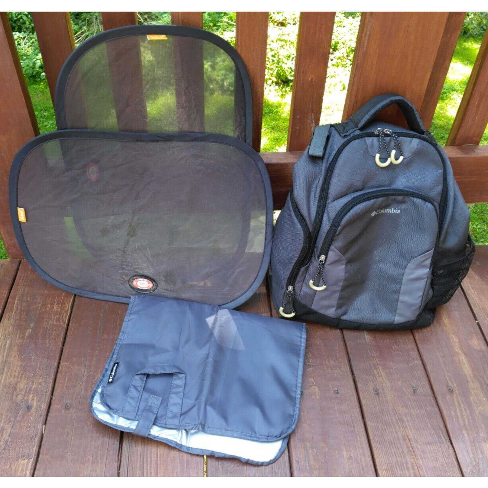 Columbia Summit Rush Backpack Diaper Bag Grey w/Changing Pad & Car Window Shades