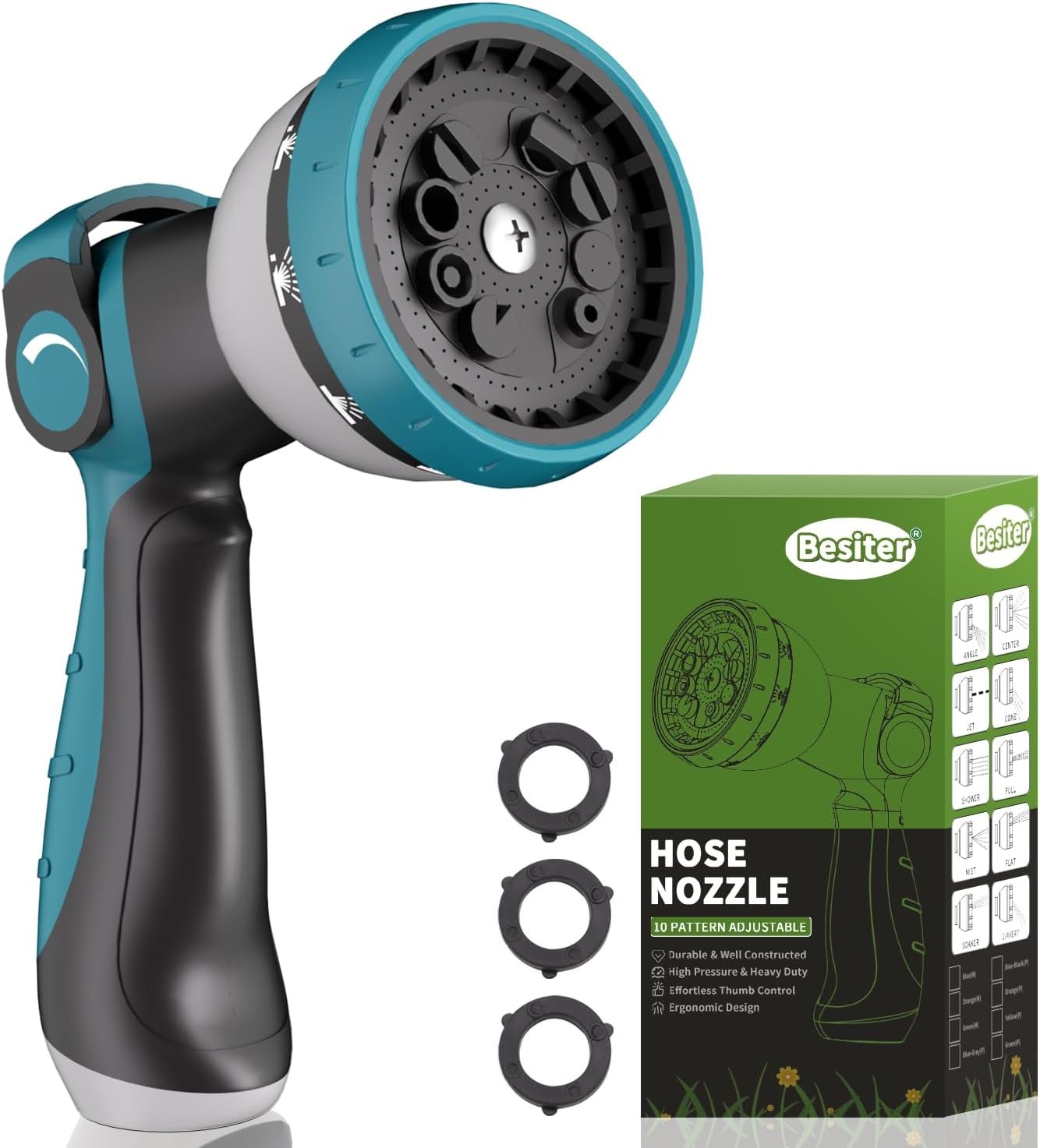 Hose Nozzle, Garden Hose Nozzle with 10 Spray Patterns, Thumb Control On Off Val