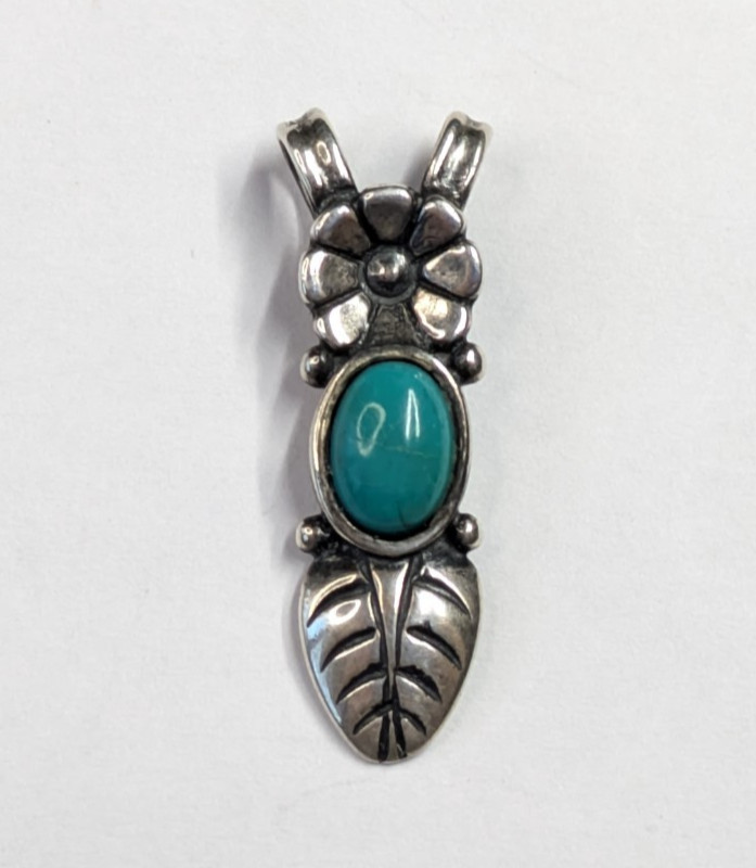 Carolyn Pollack Sterling Silver 925 Floral Leaf Turquoise Cabochon Pendant 1"