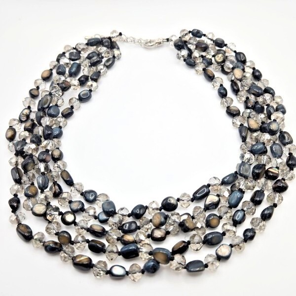 Hand-Knotted 5-Strand Polished Abalone Nuggets and Smoky Glass Necklace