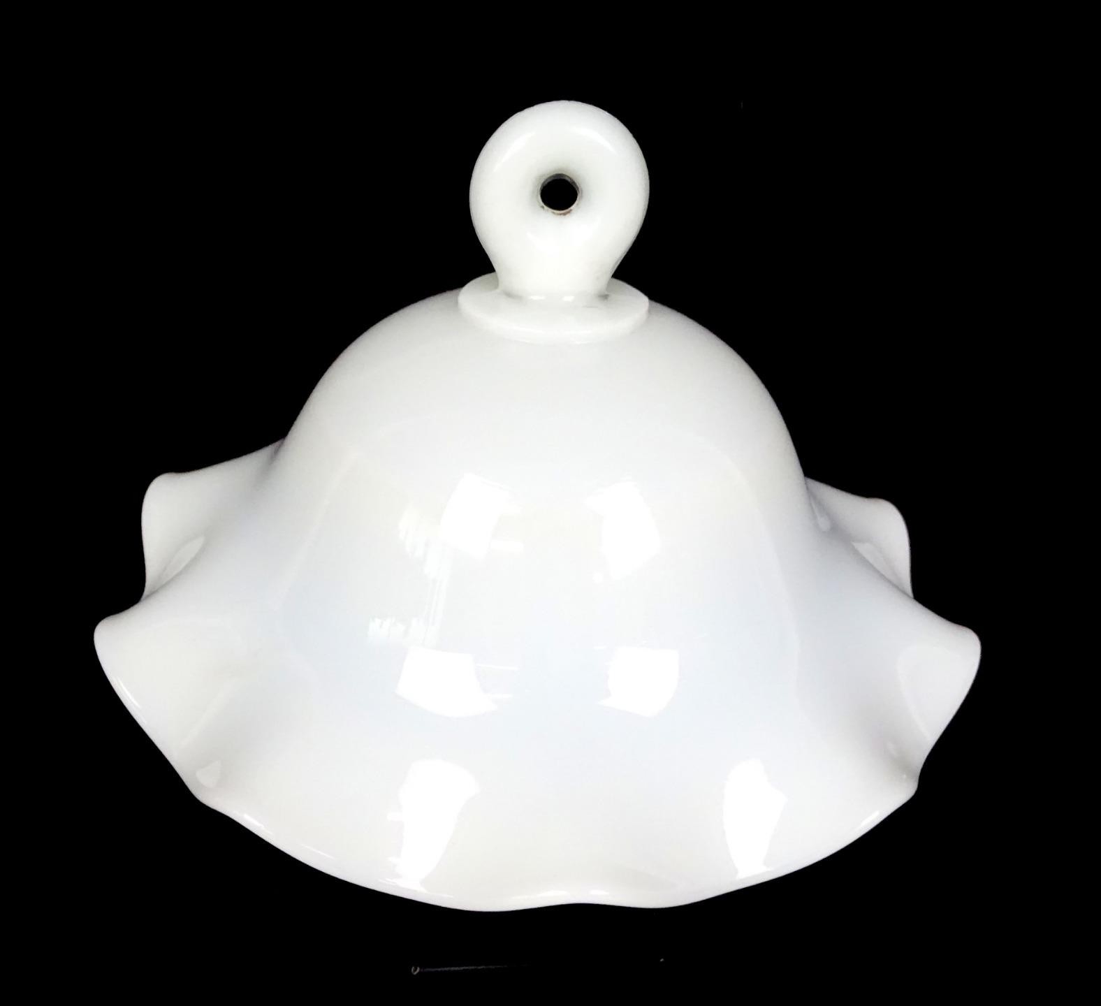 VINTAGE WHITE MILK GLASS HANGING SCALLOPED TUTU OIL LAMP SMOKE 6.75" SHADE 1920-
