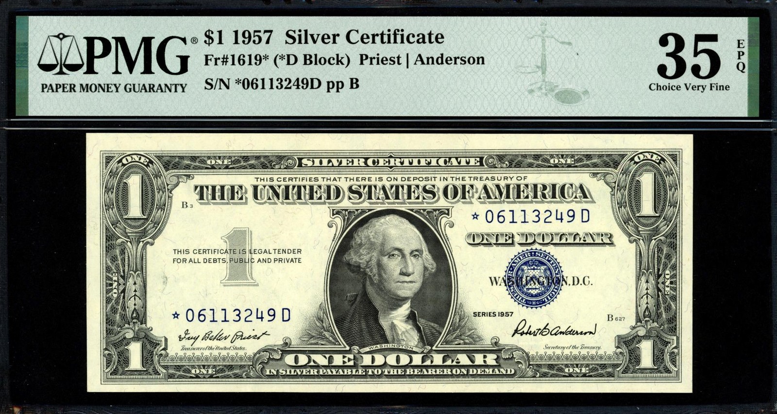 1957 $1 Silver Certificate STAR NOTE - Tough *-D Block - PMG Choice VF 35 EPQ