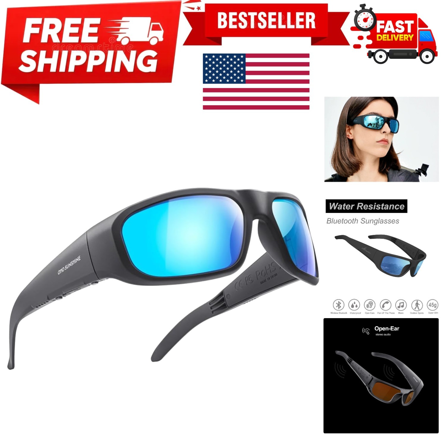 OhO Smart Glasses,Polarized Sunglasses with Bluetooth Speaker,Athletic/Outdoo...