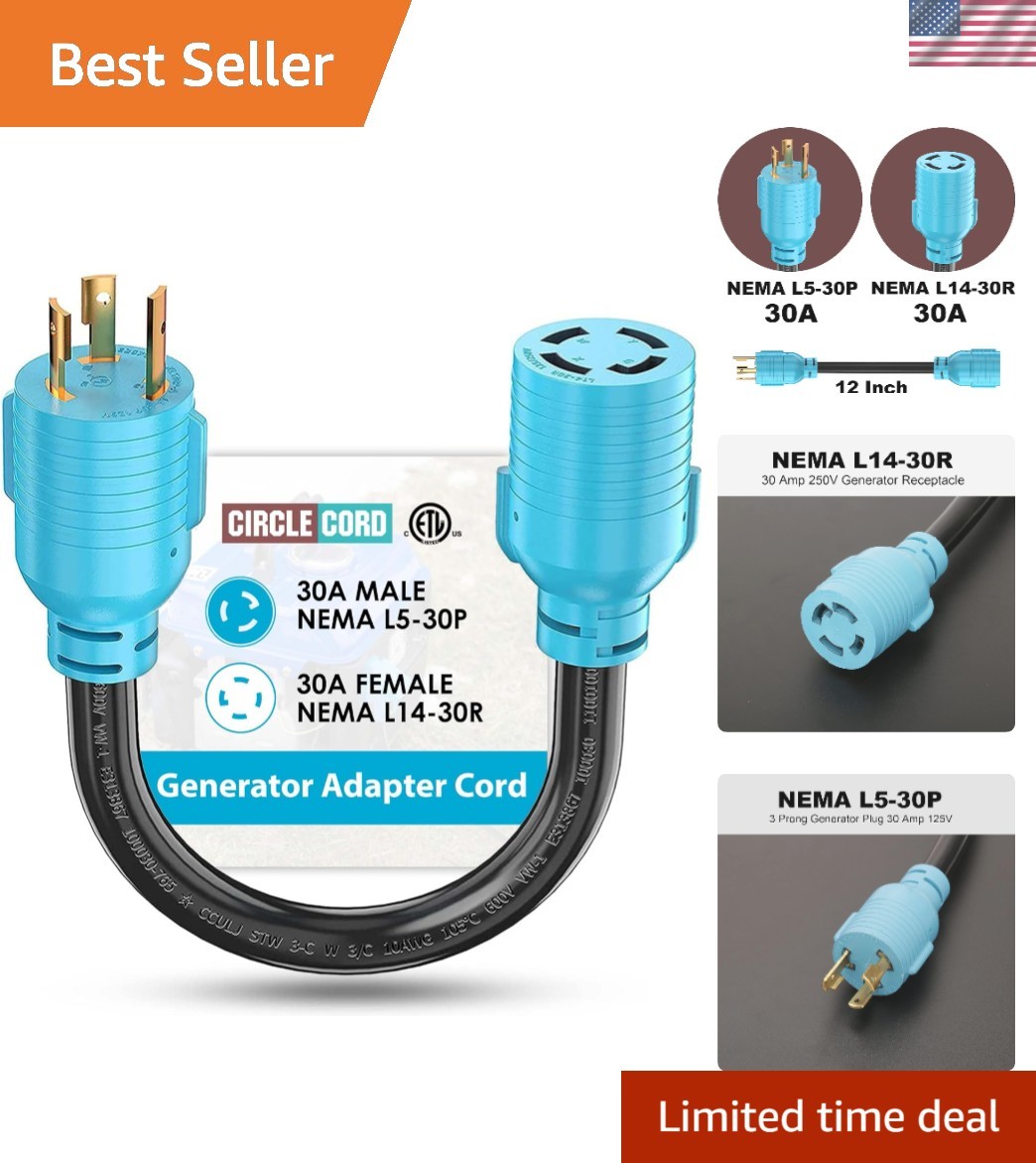 Easy-Connect NEMA L5-30P to L14-30R 30 Amp Adapter Cord - 12 Inch for Generators