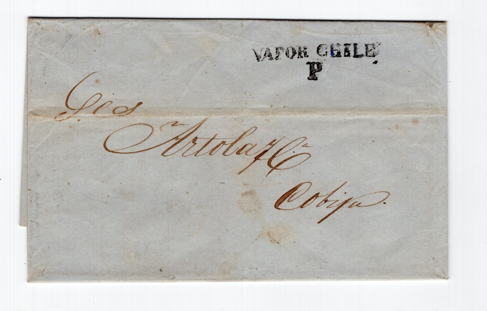 CHILE 1851 Valparaiso Cobija rare postmark VAPOR CHILE in black complete letter