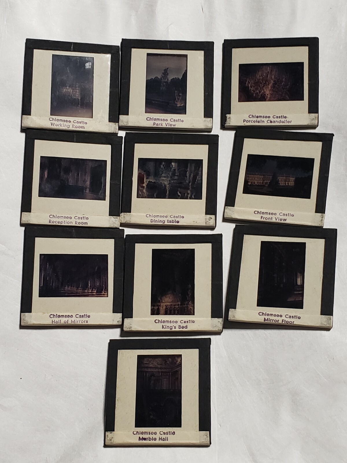 10- Vintage 2" Glass Travel Slides CHIEMSEE CASTLE INTERIORS Germany Boxed