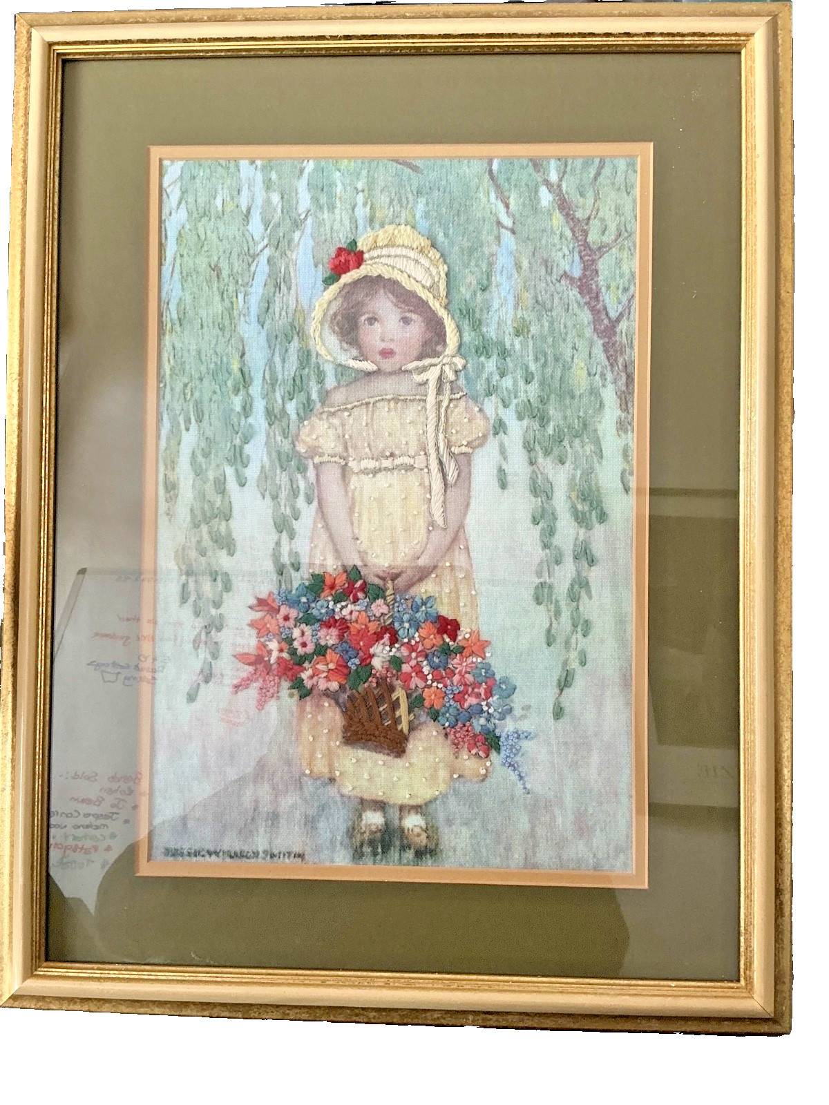 Whitney Kenneth Smith Woven Tapestry – Framed Floral Girl Artwork – 1990s/2000s