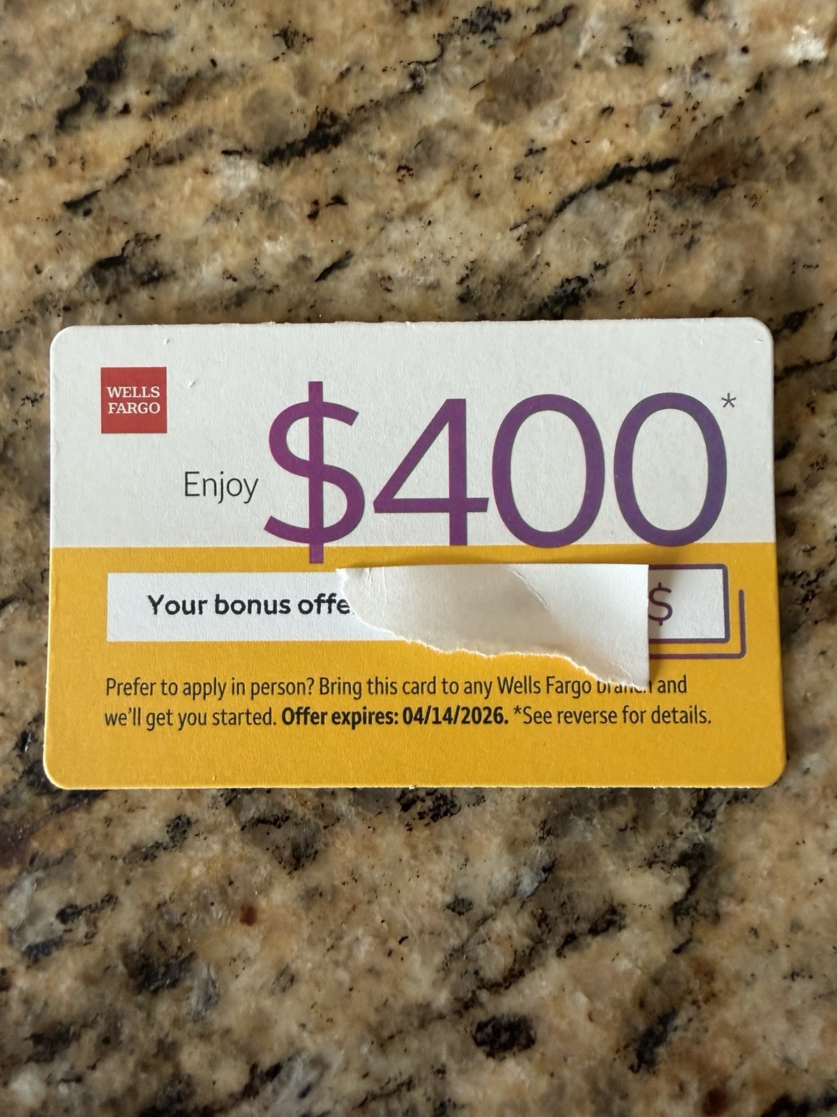 $400 WELLS FARGO Bank Checking Account Cash Bonus Offer Coupon-Expires 4/14/2026