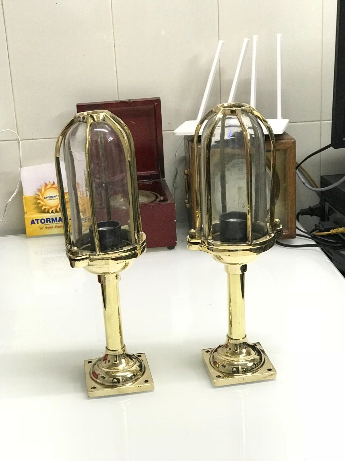 Set of 2 Antique Style Industrial Brass Bulkhead Ceiling Lamps Vintage Replica