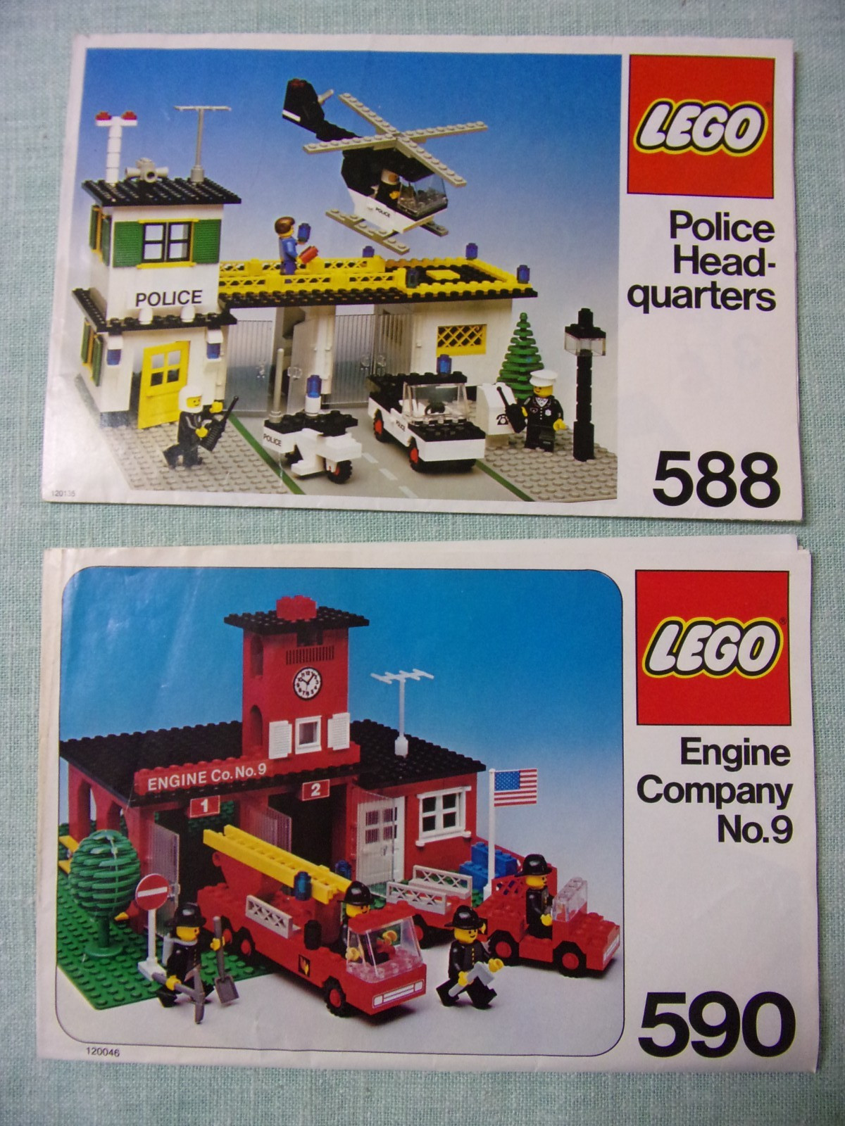 2 LEGO Instruction Manuals 588 Police Headquarters 590 Engine Company #9 1970's