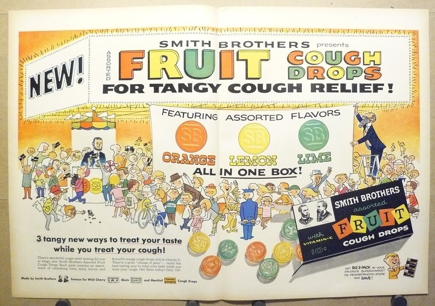1958 Smith Brothers Fruit Cough Drops Vintage Ad Circus Art Cartoon Illustration